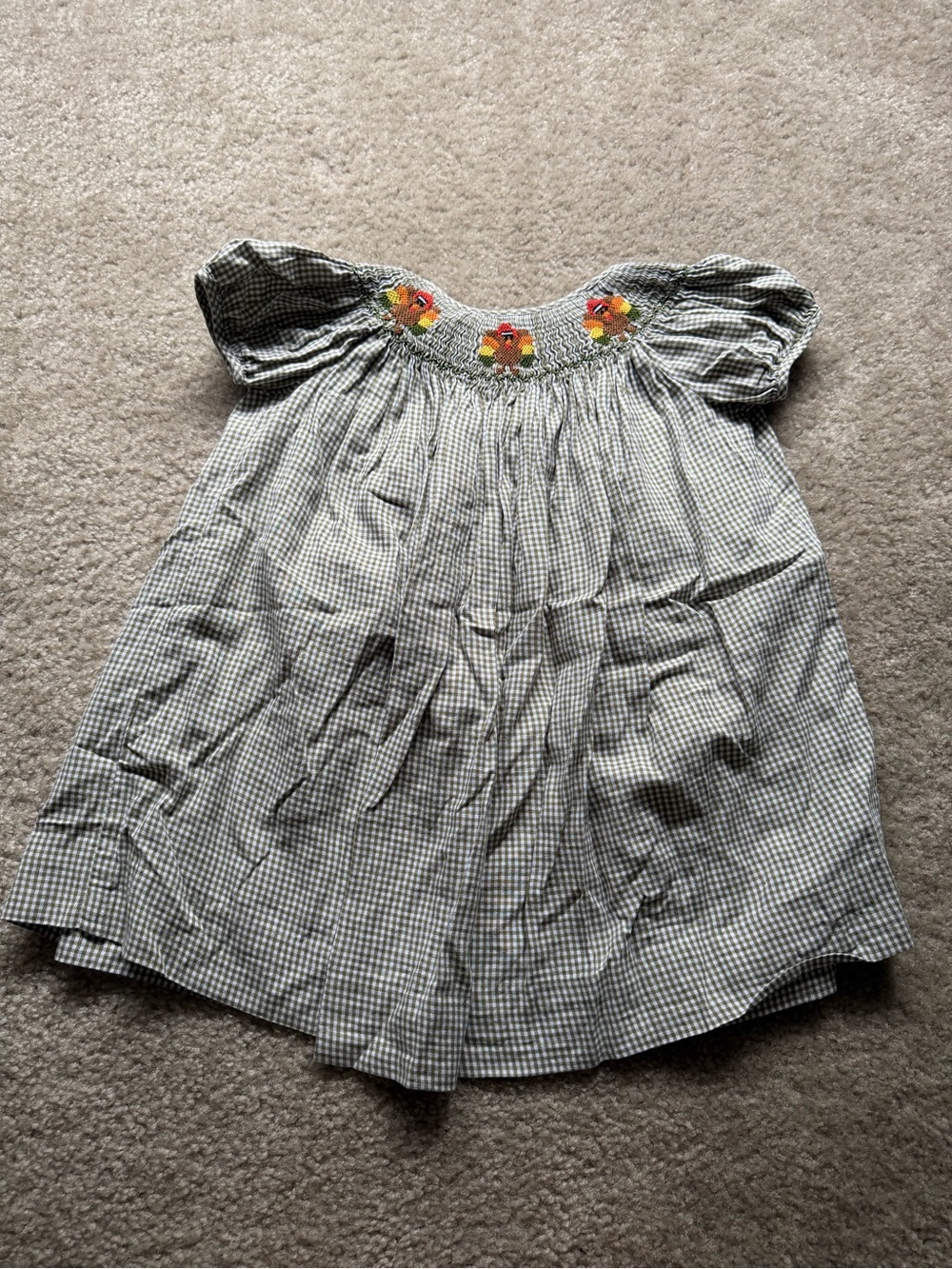Girls Green Gingham Smocked Floral Yoke Dress - Unbranded
